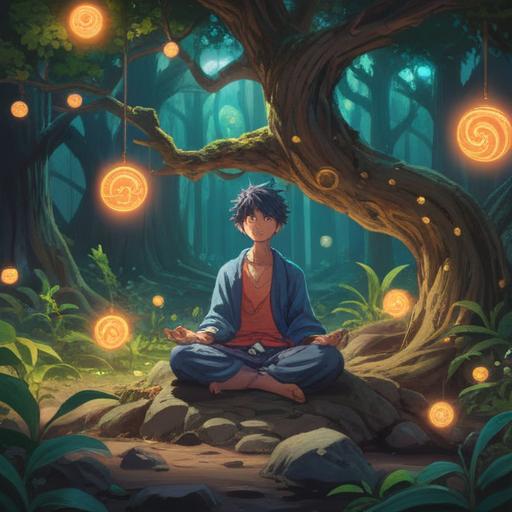 A serene scene depicting a person meditating under a tree, subtle signs of tension in their posture, glowing orbs representing spiritual signs floating around, soft light filtering through the leaves, gentle colors conveying a sense of calm, ethereal atmosphere, hints of unease in the background, spiritual symbolism intertwined with nature, thoughtful expression, 4k