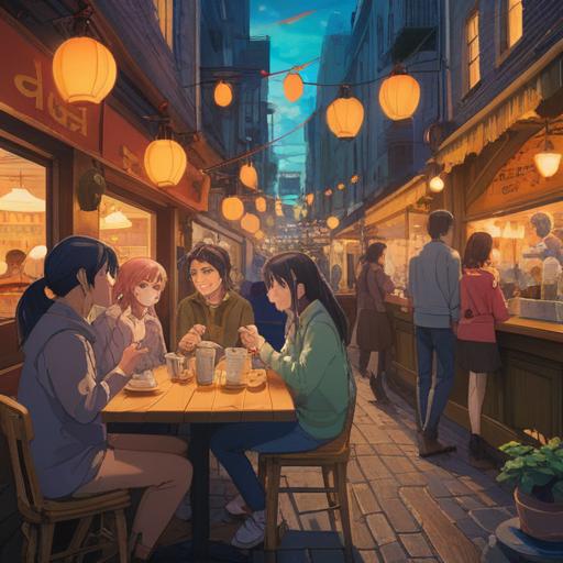 A vibrant, inspiring scene of diverse people engaging in meaningful conversation, sharing ideas and laughter, a cozy café setting with warm lighting, books and notes scattered on the table, a sense of connection and community, smiling faces, a mix of cultures, encouraging gestures, soft focus, 4k