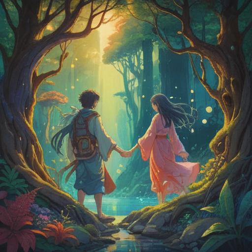 A spiritual illustration depicting transformative human relationships, ethereal light surrounding connected figures, symbolic elements representing growth and change, harmonious energy flow, vibrant colors merging, nature elements intertwined, emotional expressions capturing awakening and connection, 4k