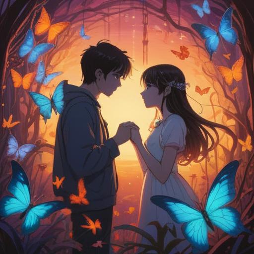 A serene illustration depicting the subtle spiritual signs during changes in human relationships, ethereal light illuminating a silhouette of two figures, delicate butterflies symbolizing transformation, soft and flowing lines, a tranquil forest background, vibrant yet calming color palette, mystical aura, deep connection, 4k
