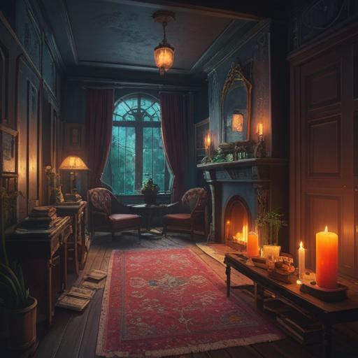 A mysterious and atmospheric scene, a dimly lit room, slight shadows dancing on the walls, an unlit candle representing inactivity, a subtle silhouette in the corner suggesting spirits, ethereal glow of orbs floating gently, hint of ancient symbols on the floor, an open window letting in a faint breeze, conveying a sense of caution and awareness, captivating and thought-provoking, 4k