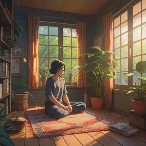 A serene scene of a person practicing daily meditation in a sunlit room, vibrant plants surrounding, warm sunlight streaming through the windows, calm expression, gentle smile, peaceful ambiance, inviting space, positive energy flowing, harmonious environment, 4k