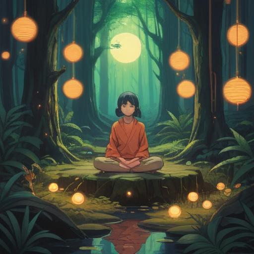 A serene and introspective scene depicting a person meditating in a tranquil forest, surrounded by glowing orbs of light symbolizing spiritual growth, vibrant foliage reflecting the colors of harmony, ethereal energy radiating from the person, gentle rays of sunlight filtering through the trees, a sense of peace and enlightenment, 4k