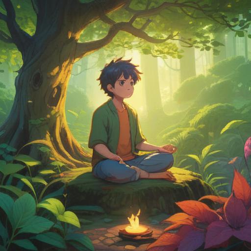 A serene and uplifting scene depicting a wise person meditating under a radiant tree, gentle light filtering through the leaves, symbols of spirituality such as glowing orbs surrounding them, a peaceful expression conveying deep understanding, nature in harmony, vibrant colors, 4k