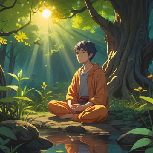 A serene landscape depicting a person meditating under a tranquil tree, soft glow of sunlight filtering through the leaves, subtle spiritual symbols in the air, a gentle breeze rustling the leaves, a sense of peace and introspection, vibrant colors reflecting inner growth, spiritual signs subtly incorporated in nature, harmonious atmosphere, 4k