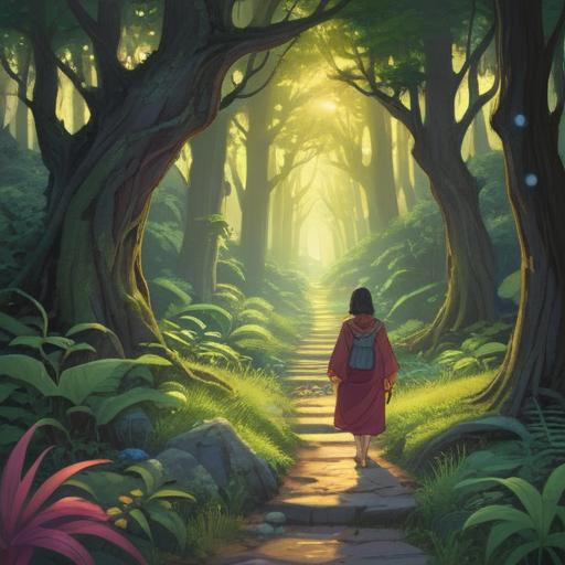 A spiritual guidance illustration, light illuminating the path, a wise mentor figure, serene atmosphere, nature setting with lush trees, glowing orbs representing insight, peaceful expressions, warm sunlight filtering through branches, sense of tranquility, 4k