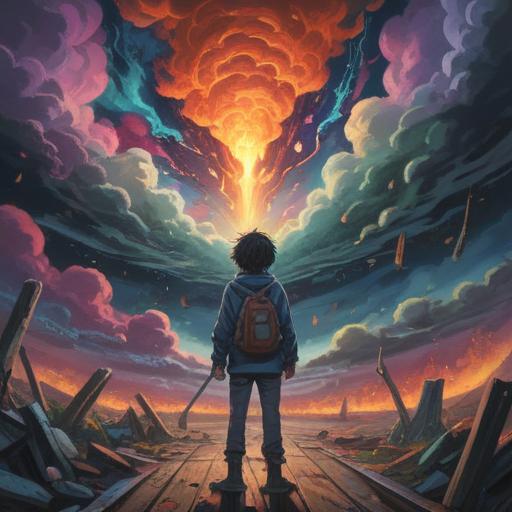 A surreal illustration depicting a person surrounded by chaotic elements representing frustration, vibrant colors reflecting emotional turmoil, symbolic imagery such as stormy clouds and tangled vines, ethereal light illuminating the scene, contrasting emotions of anger and serenity, mystical atmosphere, insightful detail, 4k