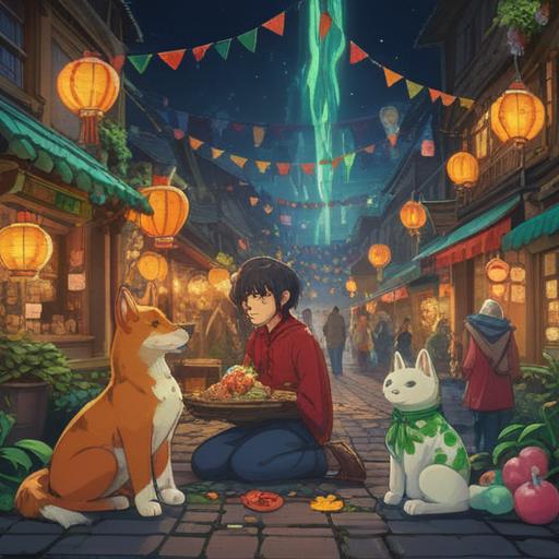 A cheerful scene depicting a person greeting others, surrounded by various lucky items like four-leaf clovers, lucky cats, and horseshoes, bright colors, joyful expressions, community atmosphere, warm sunlight filtering through trees, detailed background with cozy houses, 4k