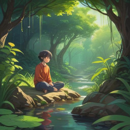 A serene scene depicting a person meditating in a tranquil nature setting, surrounded by lush greenery and a gentle stream, warm sunlight filtering through the leaves, embodying a sense of inner peace and renewal, subtle glowing aura around the individual, tranquil atmosphere, focus on the concept of awakening one's belief and strength, 4k