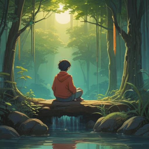 A serene and contemplative scene, a person sitting alone in a tranquil setting, surrounded by soft light and ethereal elements, symbolic representation of introspection and healing, gentle expressions reflecting remorse, a shimmering aura of energy, nature elements like flowing water and blooming flowers, conveying spiritual growth and forgiveness, 4k