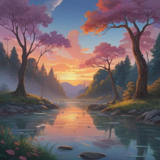 A serene landscape depicting the healing process after emotional pain, ethereal light filtering through trees, gentle flowing river symbolizing renewal, soft clouds in a vibrant sky, elements of nature representing growth and resilience, symbolic imagery of spiritual awakening, peaceful atmosphere, inviting warmth, 4k