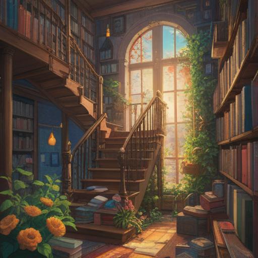 A symbolic representation of personal growth and building new relationships, a person climbing a staircase of books, surrounded by blooming flowers and sunlight, expressions of hope and determination, diverse individuals connecting along the path, vibrant colors, positive energy, 4k