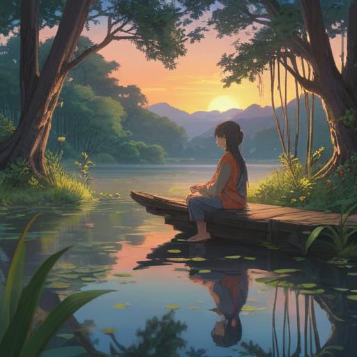 A serene landscape depicting a tranquil lake surrounded by lush greenery, a gentle sunrise illuminating the scene, a figure meditating by the water's edge, symbols of healing like lotus flowers and soft light, vibrant colors reflecting the theme of growth and renewal, peaceful atmosphere, 4k