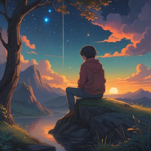 A serene illustration depicting a person sitting in solitude under a starlit sky, surrounded by a calm and peaceful landscape, ethereal glow reflecting on their thoughtful expression, symbolizing inner growth and self-discovery, a gentle breeze flowing through trees, soft lighting creating a tranquil ambiance, spiritual awakening, harmony with oneself, 4k