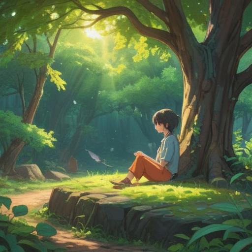 A serene landscape depicting a person sitting peacefully under a large tree, soft rays of sunlight filtering through the leaves, a gentle breeze causing the grass to sway, symbolic representations of negative emotions transforming into glowing orbs, a tranquil river reflecting the sky, spiritual symbols subtly integrated into the scene, a sense of enlightenment and inner peace, 4k