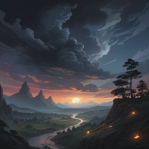 A dark, foreboding scene, eerie atmosphere, subtle hints of danger, spiritual symbolism, unsettling imagery, ominous clouds, shadowy figures lurking, distorted natural elements, sense of dread and mystery, high detail, immersive composition