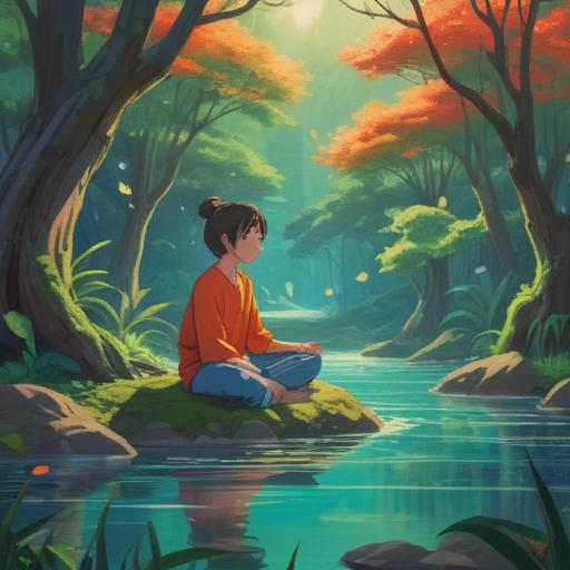 A serene and peaceful scene depicting a person meditating in a tranquil nature setting, surrounded by lush trees and gentle flowing water, softly glowing aura, symbols of mindfulness, harmonious balance, calming colors, ethereal atmosphere, reflection of inner peace, 4k