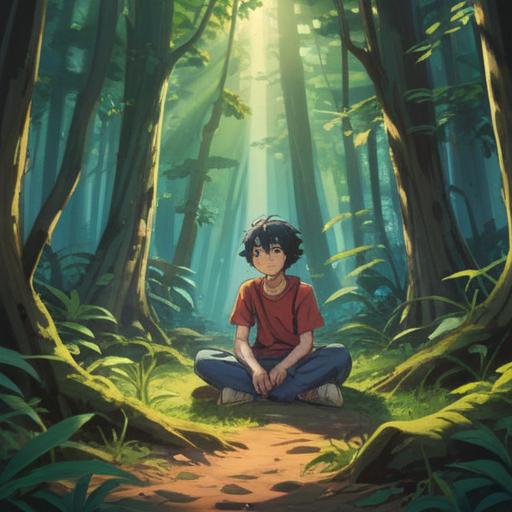 A serene and contemplative scene depicting a person sitting cross-legged in a tranquil forest, surrounded by soft rays of sunlight filtering through the trees, gentle expressions of forgiveness on their face, symbolic elements like doves and blooming flowers representing peace and healing, harmonious colors, ethereal atmosphere, expressive body language, spiritual growth, 4k