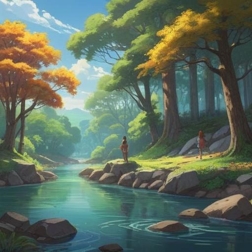 A serene landscape depicting forgiveness, soft light filtering through the trees, a peaceful river flowing gently, people embracing in the foreground, expressions of relief and understanding, harmonious aura surrounding them, symbols of growth and renewal in nature, vibrant flowers blooming, a calm sky reflecting tranquility, 4k