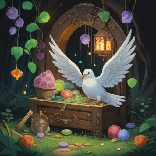 A charming and whimsical scene depicting a collection of lucky items symbolizing forgiveness, items like a four-leaf clover, a peace dove, a colorful charm bracelet, soft glowing light surrounding them, a serene and hopeful atmosphere, vibrant colors, nature elements in the background, gentle and inviting composition, 4k