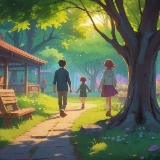 A serene scene depicting gentle human connections, comforting interactions, warm embraces, supportive gestures, a peaceful gathering in a sunlit park, smiling faces, vibrant flowers, soothing colors, a sense of harmony and tranquility, 4k