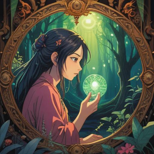 A spiritual illustration depicting a person gazing into a mirror, reflecting their soul, ethereal glow, mystical symbols surrounding the mirror, deep connection to self, serene expression, dreamlike atmosphere, light rays emanating, introspective mood, 4k