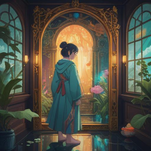 A serene and mystical scene depicting a person standing in front of a mirror, ethereal reflections, spiritual symbols surrounding the mirror, a soft glow emanating from the glass, an aura of introspection, deep connection with the self, nature elements like flowers and gentle breezes, mystical ambiance, harmonious colors, 4k