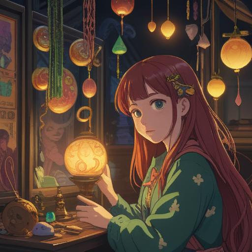 A person reflecting on a mirror, surrounded by glowing lucky charms, intricate details of various talismans, warm and inviting light, serene expression, symbolic imagery representing fortune and guidance, harmonious composition, mystical atmosphere, 4k