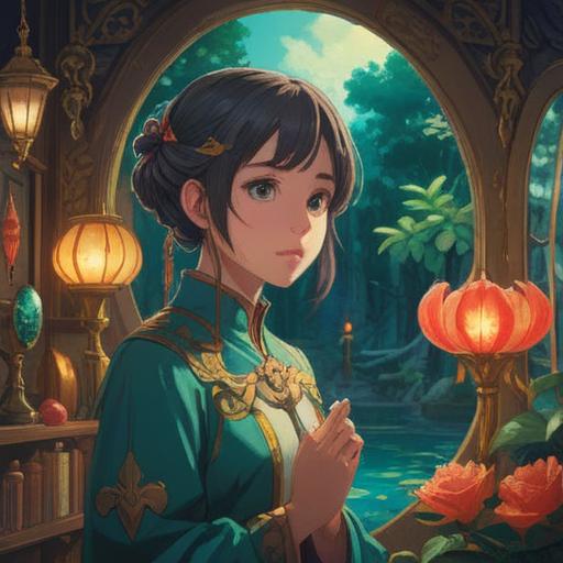 A serene scene of a person gazing into a magical mirror, shimmering reflections of luck and opportunities surrounding them, visualization of positive energy flowing from the mirror, soft golden light illuminating their face, tranquil atmosphere, meditative pose, inspirational elements like coins, four-leaf clovers, and stars floating in the air, 4k