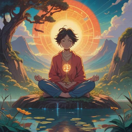 A mystical and serene landscape depicting a person meditating, surrounded by ethereal light, symbols of hope and transformation, contrasting shadows in the background, a soft glow indicating good fortune, a peaceful ambiance, nature elements like trees and water enhancing the spiritual connection, vibrant colors conveying a sense of balance, 4k