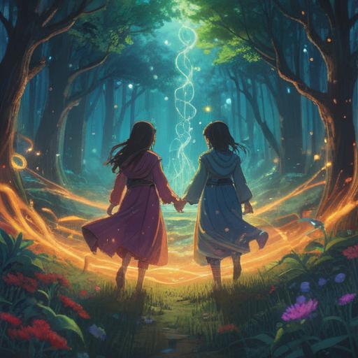 A serene and mystical scene depicting the spiritual exchange of souls, swirling ethereal lights, vibrant energy weaving between two figures, tranquil background with nature elements, harmonious atmosphere, symbolism of transformation and rebirth, soft glowing orbs, interconnectedness of souls, 4k