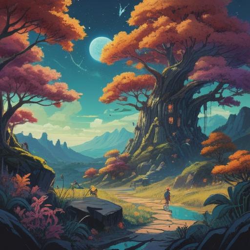 A mystical landscape representing spiritual signs of human exchange, symbols in the sky indicating transformations, ethereal figures intertwining, vibrant energy flows around the characters, serene yet dynamic atmosphere, nature reflecting the currents of change, subtle glow surrounding the signs, 4k