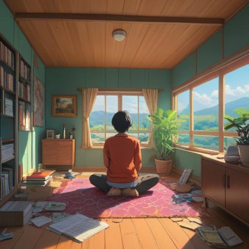 A serene and minimalist living space filled with sunlight, clutter being cleared away, a person in a meditative pose reflecting on their surroundings, the aura of positive energy swirling around, symbols of growth and renewal, soft shadows and gentle light, spiritual transformation, harmonious atmosphere, 4k