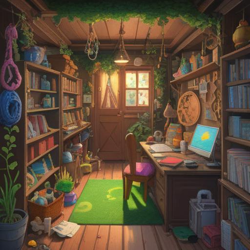 A whimsical illustration of a person decluttering their room, surrounded by lucky items like four-leaf clovers, horseshoes, and lucky coins, vibrant colors, cheerful ambiance, detailed character expression, organized chaos, motivational atmosphere, 4k