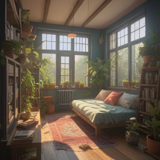 A serene living space, minimalistic design, sunlight streaming through the windows, clutter-free environment, cozy reading nook, plants for tranquility, calm and inviting atmosphere, inspiring quotes on the walls, 4k