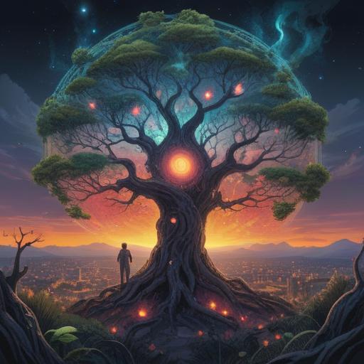 A thought-provoking illustration depicting the spiritual significance of human lifespan, ethereal imagery of a tree of life intertwined with human silhouettes, celestial elements representing the passage of time, luminous orbs symbolizing experiences, serene and reflective atmosphere, intricate details capturing emotions, vibrant colors blending together, 4k