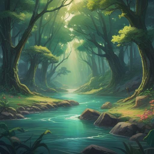 A mystical and serene landscape, soft ethereal light, a flowing river symbolizing the passage of time, ancient trees with lush green leaves, gentle mist rising from the ground, harmonious colors reflecting peace, abstract symbols of longevity and spirituality, a distant silhouette of a person meditating, calming atmosphere, 4k