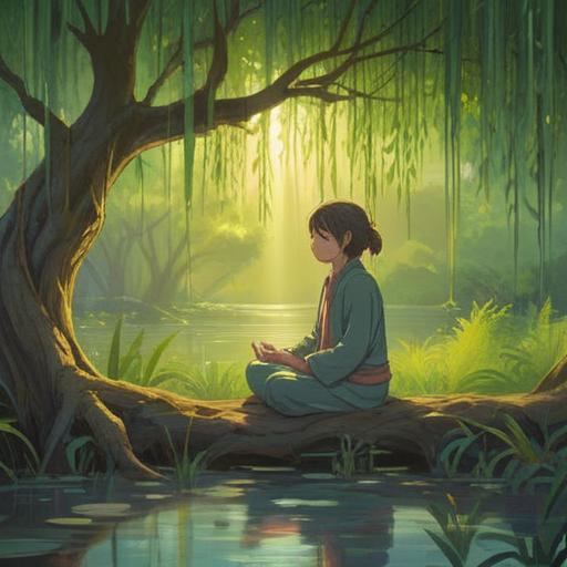 A serene and reflective scene depicting a person meditating under a willow tree, soft ethereal light filtering through the leaves, symbols of time like hourglasses and clocks subtly integrated into the surroundings, gentle breeze carrying whispers of wisdom, a cosmic backdrop representing the universe's mysteries, vibrant yet calming colors, thought-provoking atmosphere, 4k