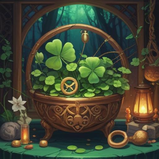 A serene still life composition featuring a variety of lucky items, such as a four-leaf clover, a horseshoe, and a dreamcatcher, softly lit, surrounded by gentle natural elements like flowers and greenery, tranquil atmosphere, symbolizing hope and positivity, vibrant colors, 4k