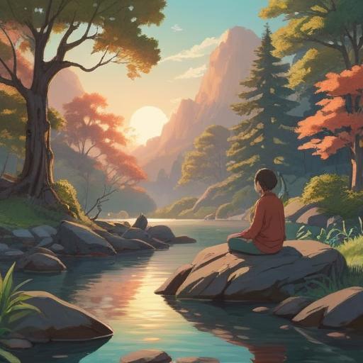 A serene illustration depicting simple mindfulness practices, a peaceful outdoor setting with trees and a calming river, a person meditating on a rock, gentle sunlight filtering through the leaves, soft colors, tranquil atmosphere, clear sky, focus on simplicity and clarity, 4k