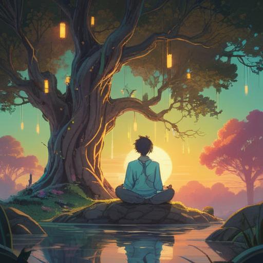 A serene illustration of a person meditating under a large, radiant tree, gentle rays of light shining down, surrounded by floating symbols of love and peace, ethereal atmosphere, soft pastel colors, harmonious elements representing joy and happiness, intricate details in nature and facial expressions, 4k