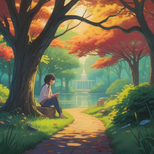 A serene and contemplative scene, a person sitting alone in a quiet park, surrounded by gentle sunlight filtering through trees, an ethereal glow surrounding them, symbolizing inner peace, abstract shapes representing spiritual energy, soft pastel colors, tranquil atmosphere, reflective expression, 4k