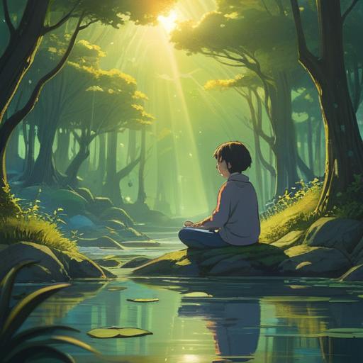 A serene and enlightening scene, a person meditating in a tranquil environment, surrounded by nature, beams of light illuminating areas of discomfort, symbols of personal growth and awareness, blooming flowers representing transformation, calm and reflective atmosphere, 4k