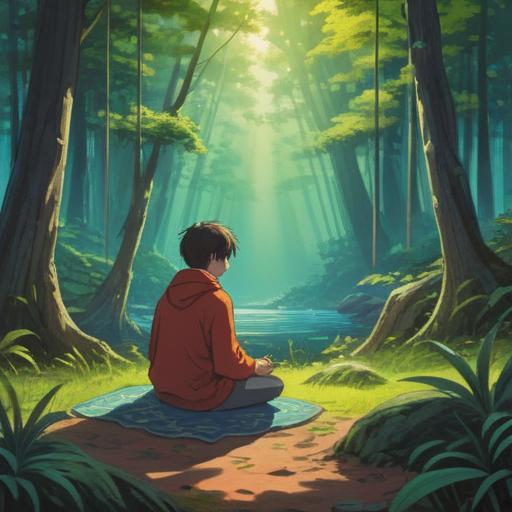A serene and introspective scene depicting a person meditating in a tranquil environment, soft light filtering through the trees, symbolic representations of negative traits floating around, gentle reminders of self-awareness and mindfulness, ethereal colors, calm atmosphere, spiritual growth, cosmic elements surrounding the meditating figure, 4k