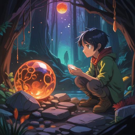 A surreal illustration of a person staring at a shimmering lucky stone, vibrant colors radiating from the stone, contrasting dark and unsettling surroundings, enchanting glow illuminating the person's face, expressive emotions of curiosity and apprehension, detailed textures of the stone and background elements, dreamlike atmosphere, 4k