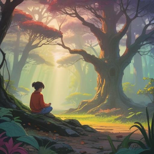 A serene and ethereal landscape, gentle light filtering through ancient trees, a soft mist enveloping the ground, a person meditating in the foreground, surrounded by glowing orbs symbolizing spiritual energy, nature's tranquility, a sense of connection to the universe, deep reflection and serenity, harmonious colors, peaceful atmosphere, 4k