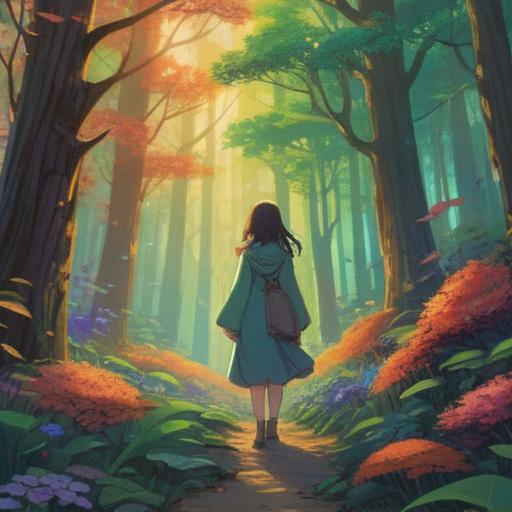 A serene forest scene, ethereal light filtering through the trees, a figure standing still, sensing unseen energies, vibrant blossoms around, a soft breeze rustling leaves, subtle aura of connection, hints of spirit guides present, tranquil and reflective atmosphere, rich greenery, 4k