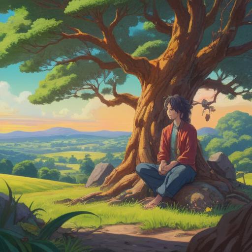 A serene landscape depicting interconnectedness, a person meditating under a tree, vibrant energy swirling around them, symbols of positive energy and harmony, soft light illuminating the scene, peaceful facial expression, nature elements reflecting inner peace, spiritual growth, 4k