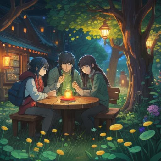 A serene illustration of a peaceful scene, individuals engaging in supportive conversations, symbols of positivity and good fortune like four-leaf clovers and lucky coins, warm sunlight filtering through trees, a harmonious atmosphere, uplifting expressions on faces, gentle breeze, clear blue sky, 4k