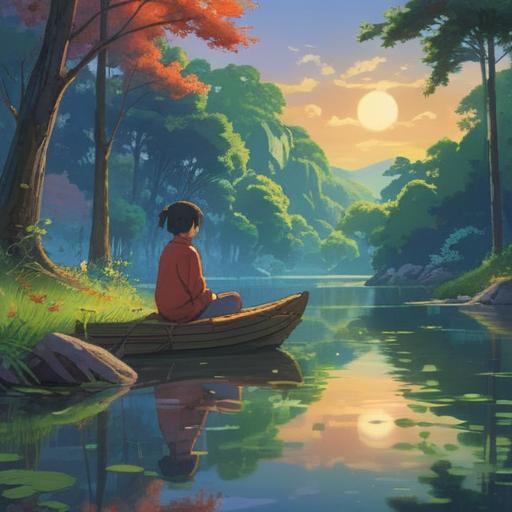 A serene and introspective scene depicting a person sitting peacefully by a tranquil lake, calm waters reflecting the surrounding trees, a gentle breeze rustling through the leaves, a hint of sunlight breaking through the clouds, a spiritual aura surrounding the individual, symbols of growth and understanding in the environment, the essence of wisdom emerging from adversity, 4k
